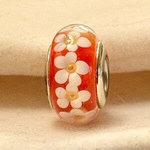 Tropical white Flowers Murano Charm fit Pandora bracelets